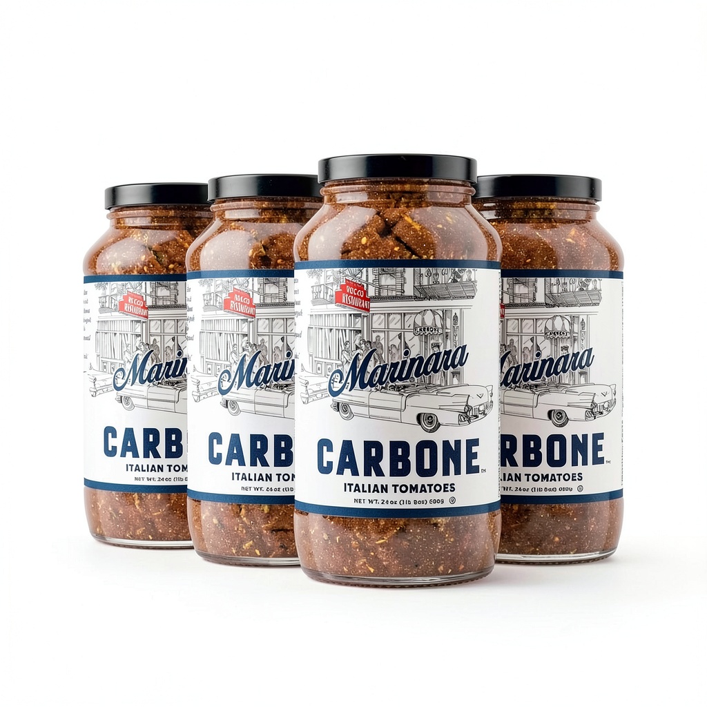 Carbone Marinara Sauce being poured over spaghetti on a kitchen counter