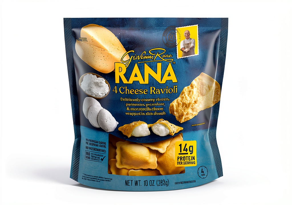 Rana Four Cheese Ravioli package with fresh pasta visible