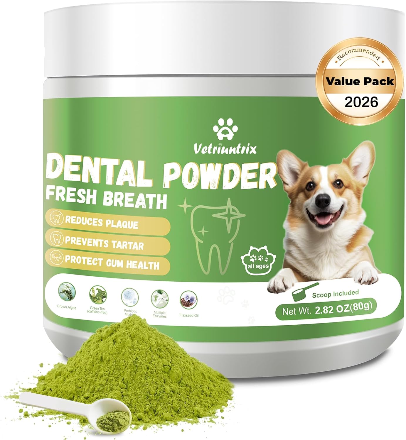 Vetriuntrix Dog Teeth Cleaning Powder bottle with measuring scoop