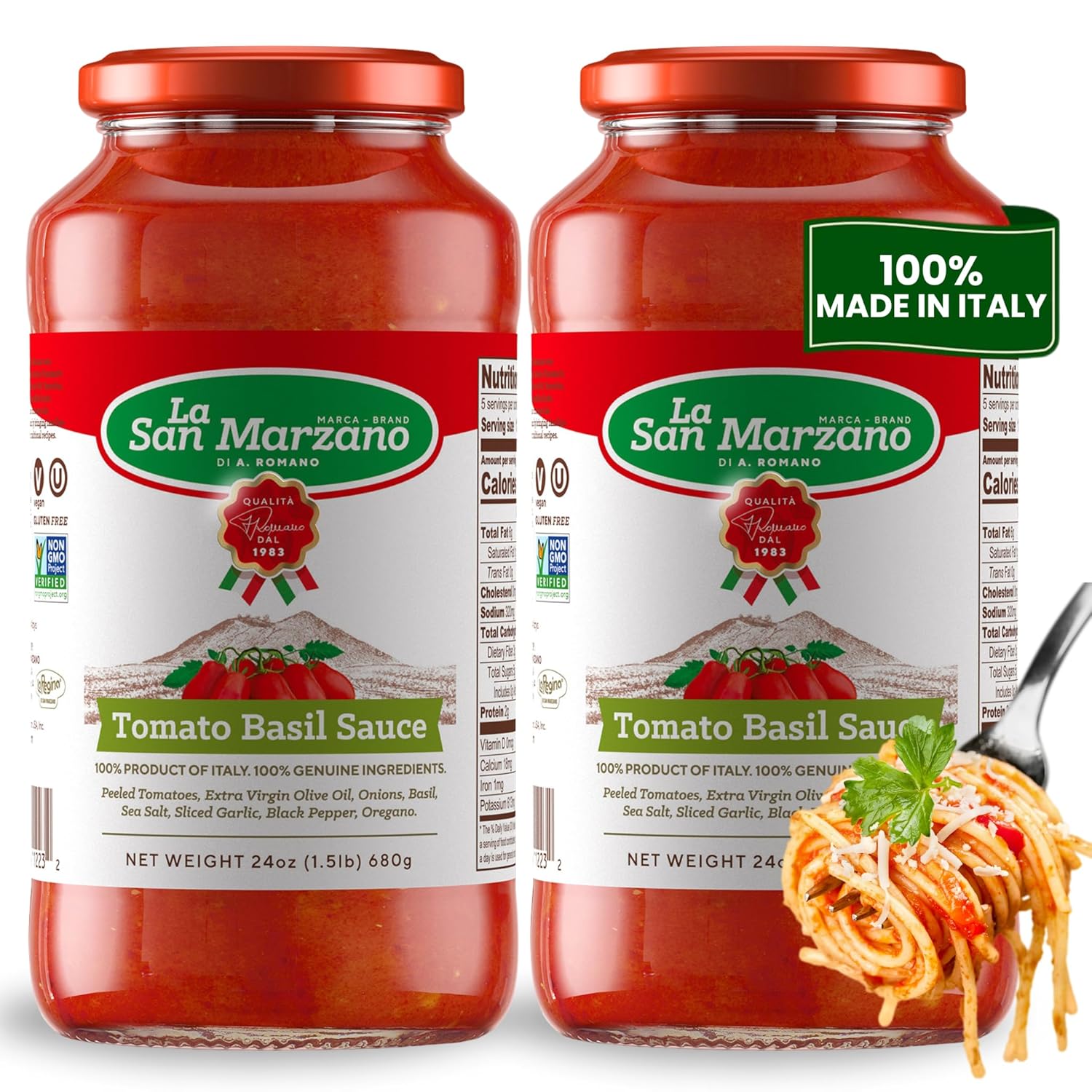 Tomato Basil Sauce being poured over pasta